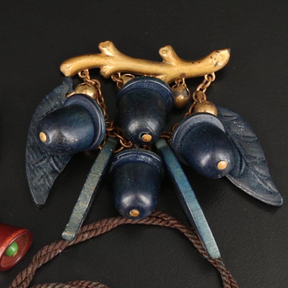 1930s Miriam Haskell Wood Acorn Brooch
